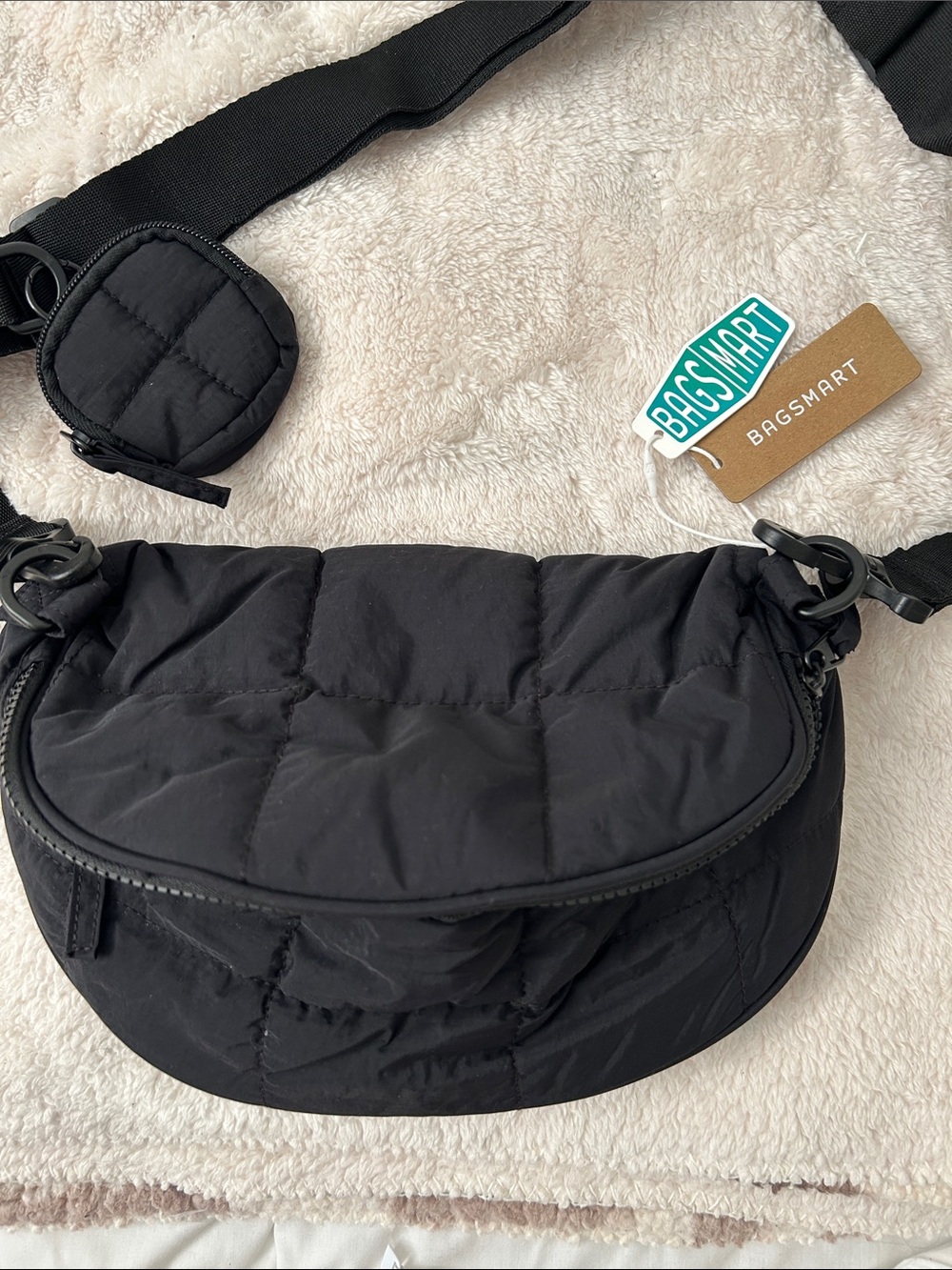 Women's Black Quilted Crossbody Bag with Detachable Mini Pouch